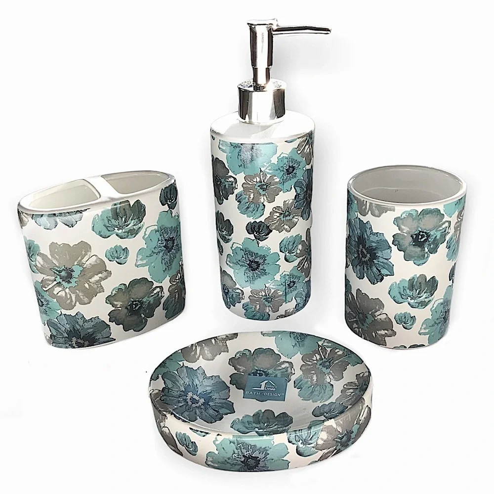 Floral Bath Accessory Ceramic Set Sun Splash Collection White Blue 4 Piece Set